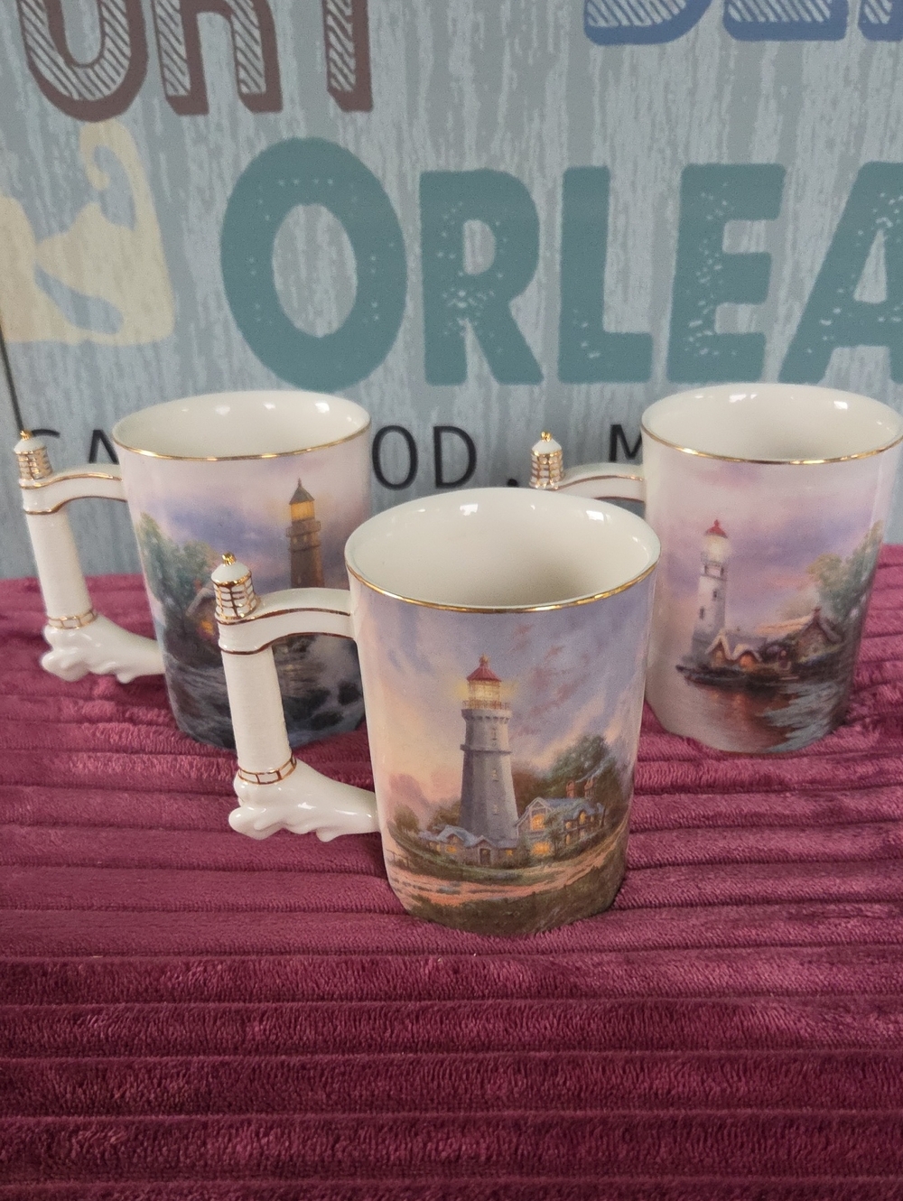 Thomas Kinkade Lighthouse Porcelain Mugs in White with Pastel Scenic Artwork